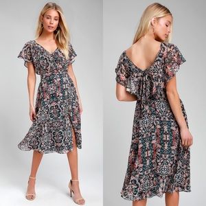 Lulus | Charmed I'm Sure Dark Green Floral Print Midi Dress